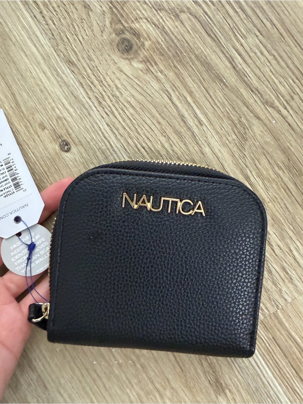 Nautica Black Pebbled Zip Card & Key Pouch with Gold Logo